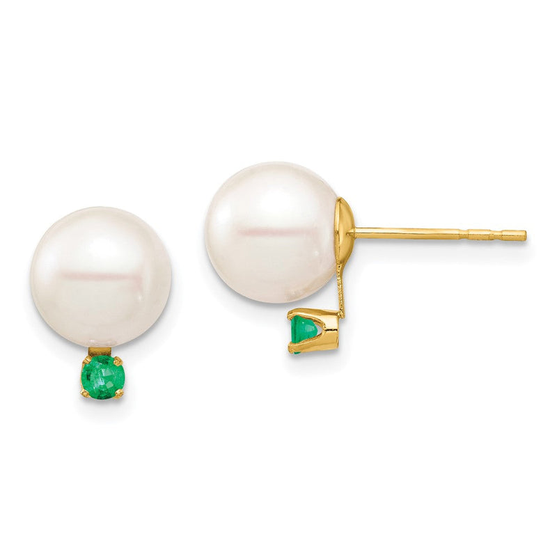 14K Gelbgold 8 8.5mm Weiß Rund Süßwasser Zuchtperle Und.18em Smaragd Ohrstecker