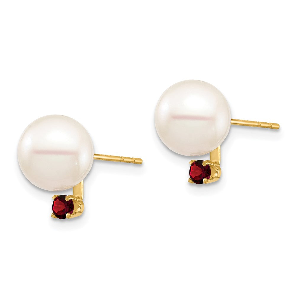 14K Gelbgold 8 8.5mm Weiß Rund Süßwasser Zuchtperle Und.18ga Granat Ohrstecker