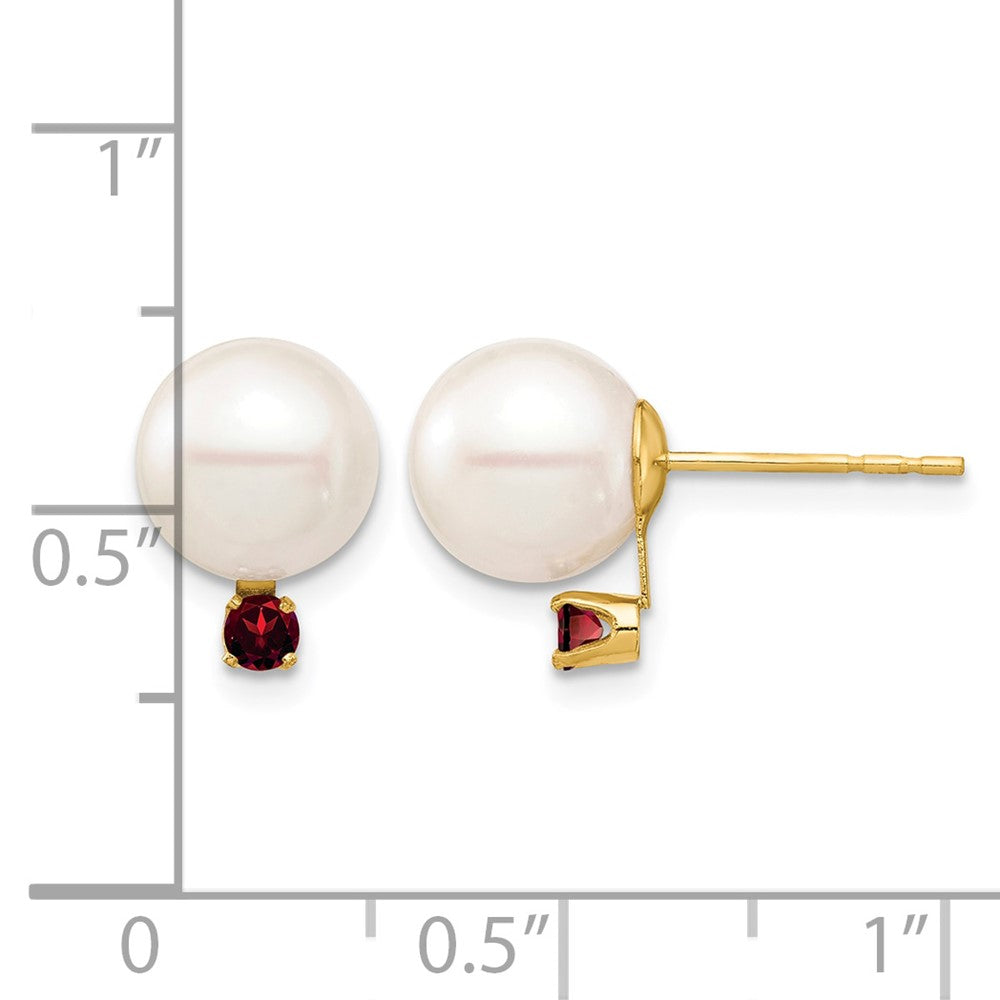 14K Gelbgold 8 8.5mm Weiß Rund Süßwasser Zuchtperle Und.18ga Granat Ohrstecker