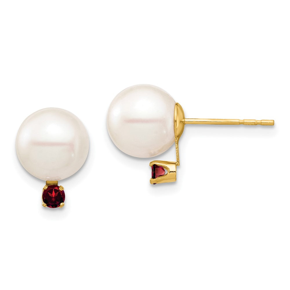 14K Gelbgold 8 8.5mm Weiß Rund Süßwasser Zuchtperle Und.18ga Granat Ohrstecker