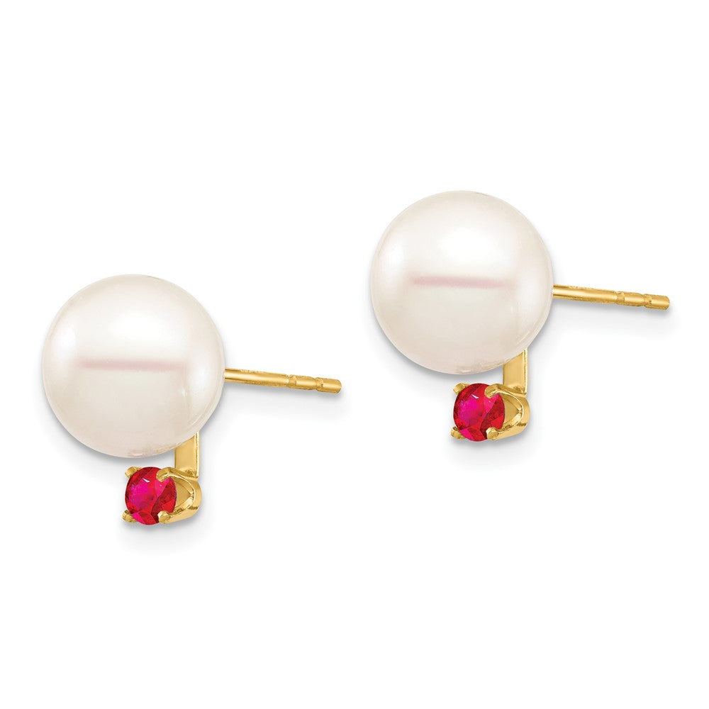 14K Gelbgold 8 8.5mm Weiß Rund Süßwasser Zuchtperle Und.18ru Rubin Ohrstecker