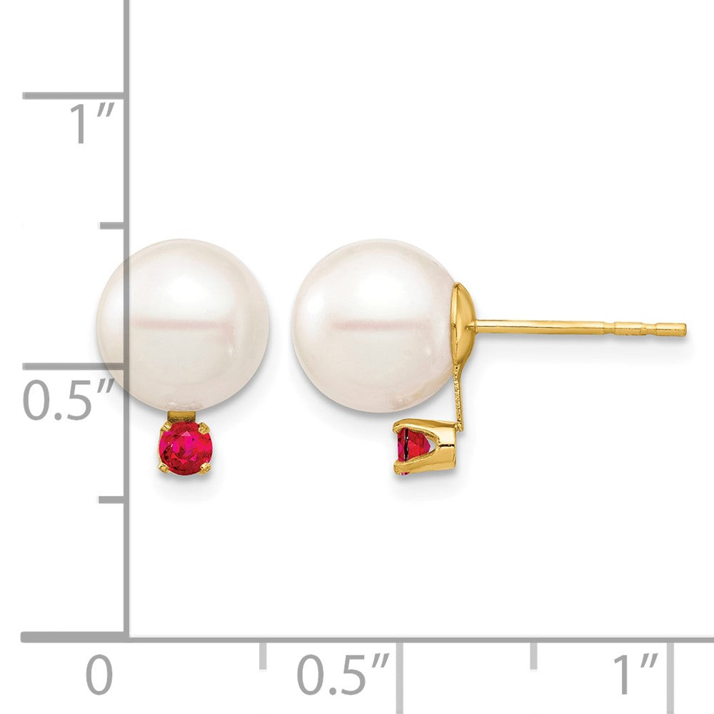14K Gelbgold 8 8.5mm Weiß Rund Süßwasser Zuchtperle Und.18ru Rubin Ohrstecker