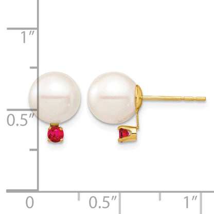 14K Gelbgold 8 8.5mm Weiß Rund Süßwasser Zuchtperle Und.18ru Rubin Ohrstecker