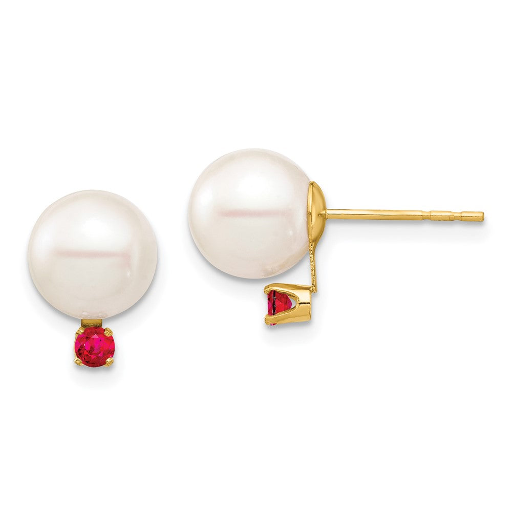 14K Gelbgold 8 8.5mm Weiß Rund Süßwasser Zuchtperle Und.18ru Rubin Ohrstecker