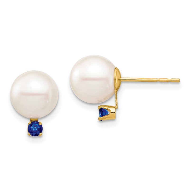 14K Gelbgold 8 8.5mm Weiß Rund Süßwasser Zuchtperle Und.18sa Saphir Ohrstecker