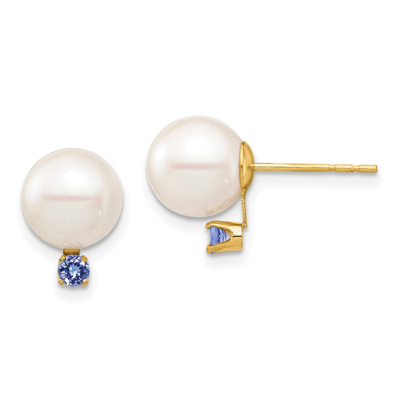 14K Gelbgold 8 8.5mm Weiß Rund Süßwasser Zuchtperle Und.14tz Tansanit Ohrstecker