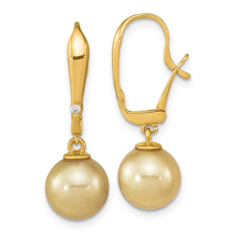14K Gelbgold 9 10mm Rund Golden South Meer Salzwasser Zuchtperle Und.02 Karat Diamant Ohrstecker