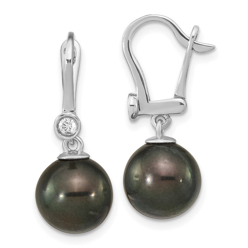 14K Weißgold 9 10mm Schwarz Rund Tahitian Salzwasser Zuchtperle Und.10 Karat Diamant Brisur Ohrhänger