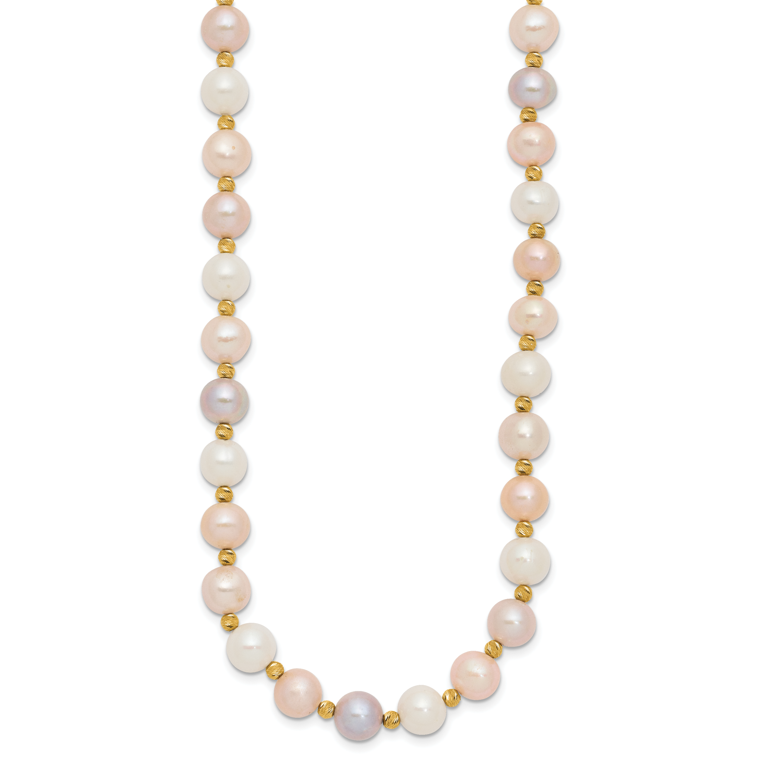 14K Gelbgold 8 9mm Rosa/purple/white Halb Rund Süßwasser Zuchtperle und Diamantiert Gekugelt 18 Zoll Halskette