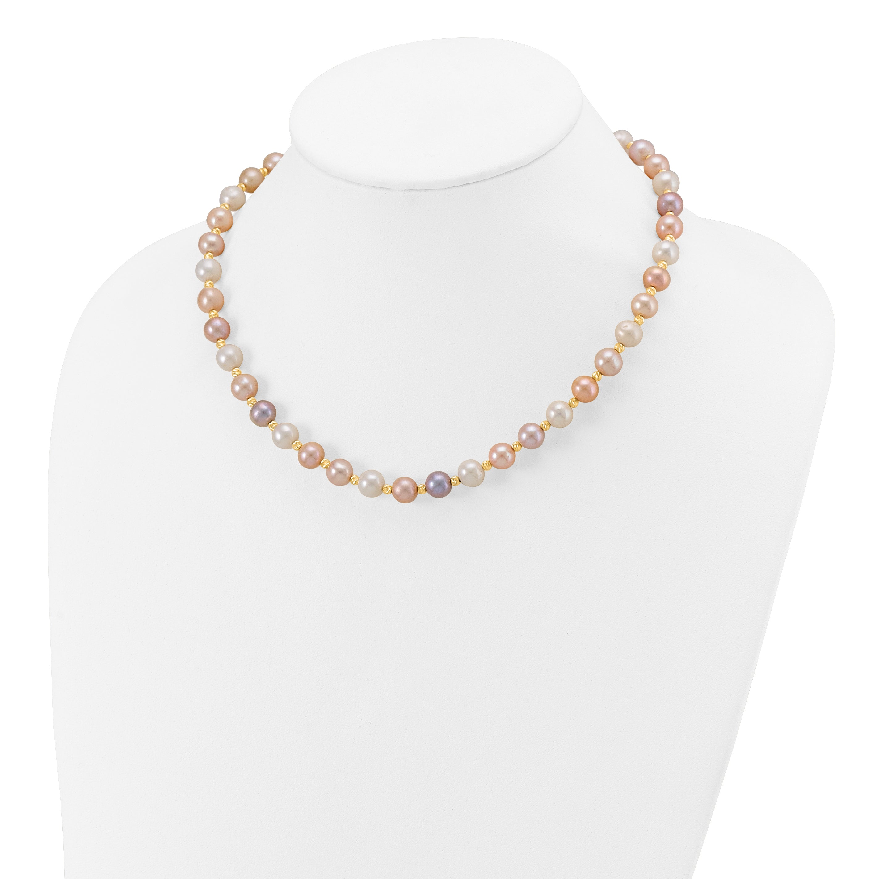 14K Gelbgold 8 9mm Rosa/purple/white Halb Rund Süßwasser Zuchtperle und Diamantiert Gekugelt 18 Zoll Halskette