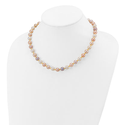 14K Gelbgold 8 9mm Rosa/purple/white Halb Rund Süßwasser Zuchtperle und Diamantiert Gekugelt 18 Zoll Halskette