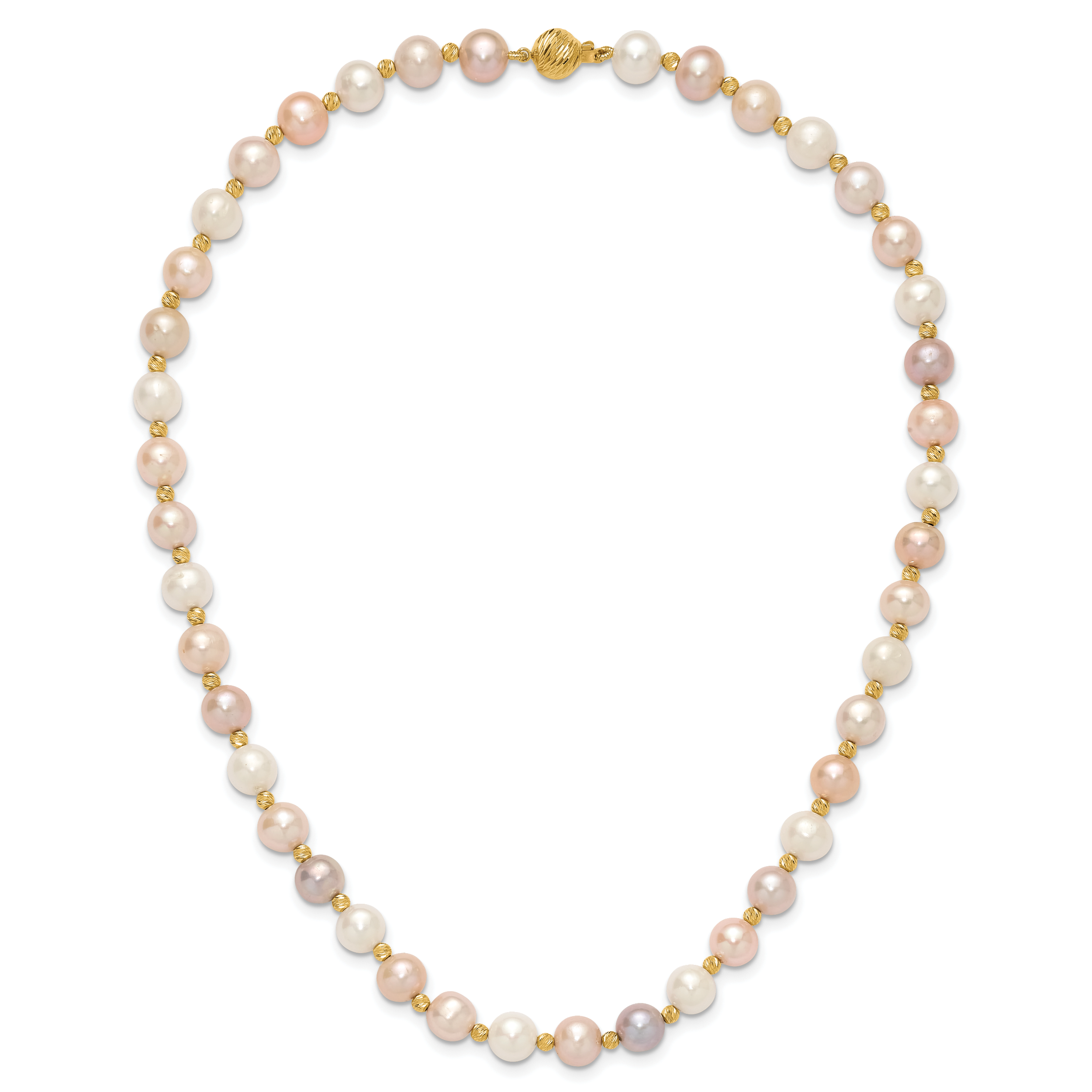 14K Gelbgold 8 9mm Rosa/purple/white Halb Rund Süßwasser Zuchtperle und Diamantiert Gekugelt 18 Zoll Halskette