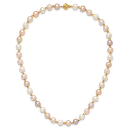 14K Gelbgold 8 9mm Rosa/purple/white Halb Rund Süßwasser Zuchtperle und Diamantiert Gekugelt 18 Zoll Halskette