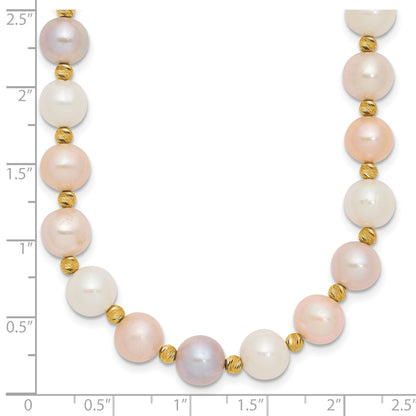 14K Gelbgold 8 9mm Rosa/purple/white Halb Rund Süßwasser Zuchtperle und Diamantiert Gekugelt 18 Zoll Halskette