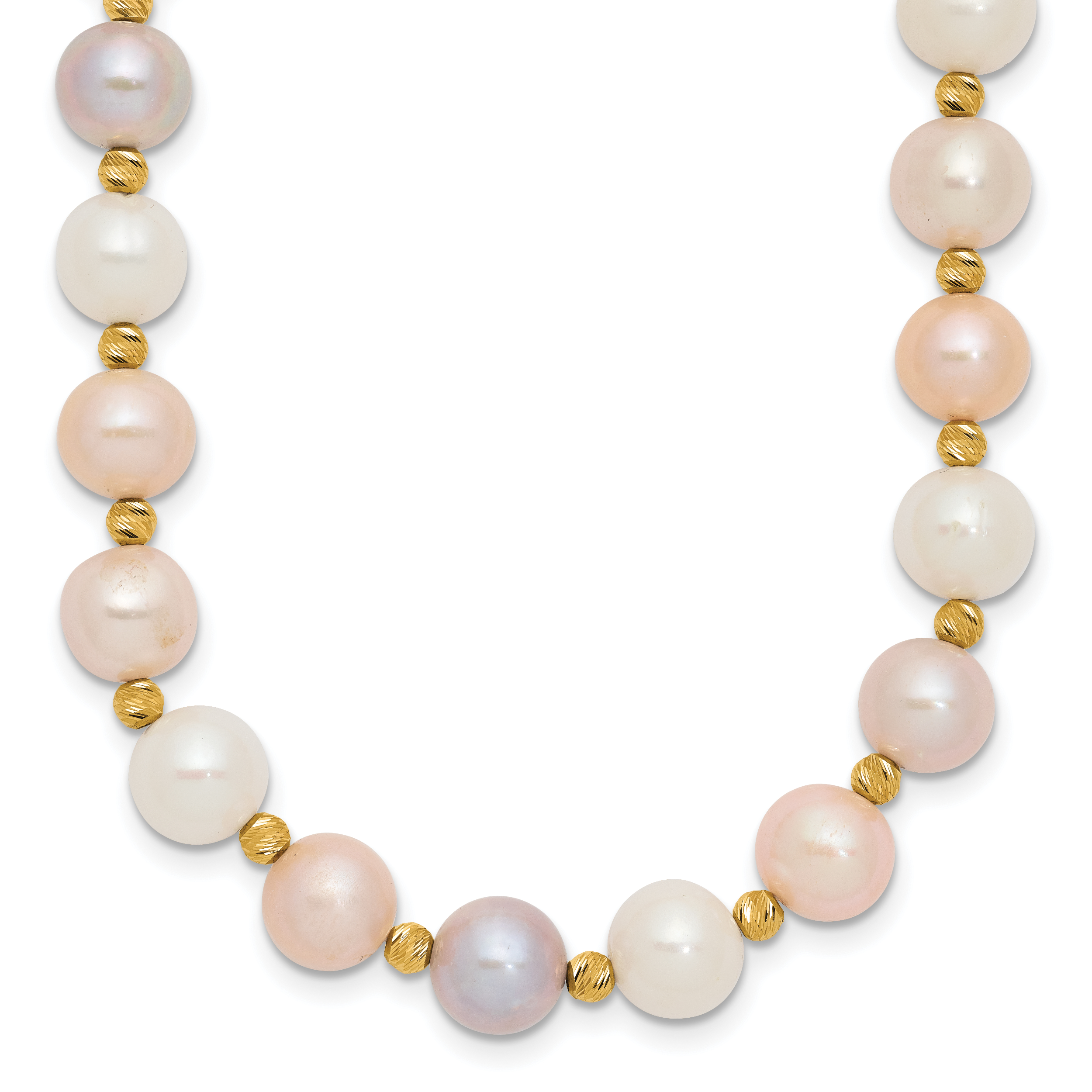 14K Gelbgold 8 9mm Rosa/purple/white Halb Rund Süßwasser Zuchtperle und Diamantiert Gekugelt 18 Zoll Halskette