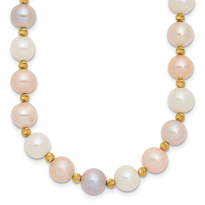14K Gelbgold 8 9mm Rosa/purple/white Halb Rund Süßwasser Zuchtperle und Diamantiert Gekugelt 18 Zoll Halskette
