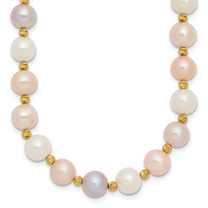 14K Gelbgold 8 9mm Rosa/purple/white Halb Rund Süßwasser Zuchtperle und Diamantiert Gekugelt 18 Zoll Halskette