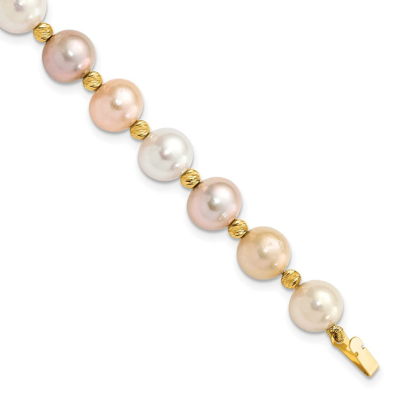 14K Gelbgold 8 9mm Rosa/purple/white Halb Rund Süßwasser Zuchtperle und Diamantiert Gekugelt 7.5 Zoll Armband