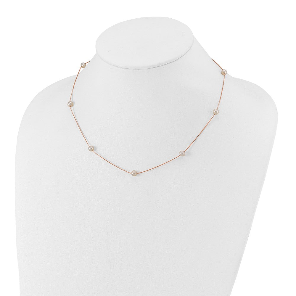 14K Roségold 5 6mm Weiß Nahe Rund Süßwasser Zuchtperle 9 Station 18 Zoll Halskette