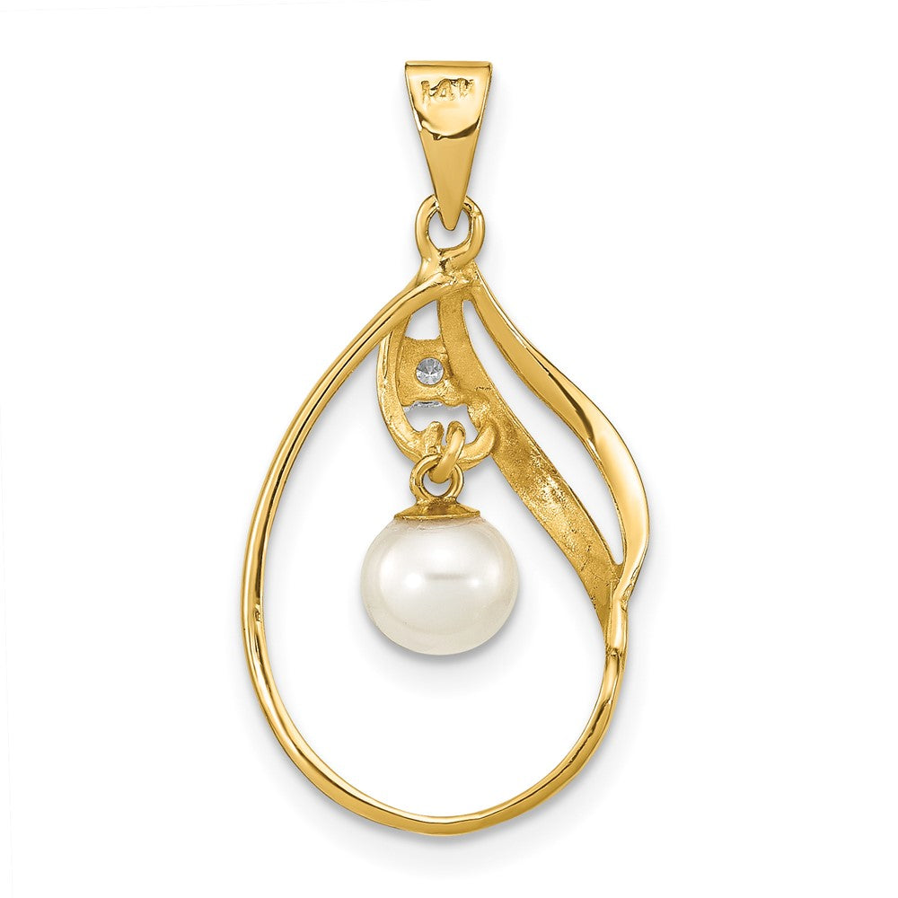 14K Gelbgold 14K 5-6mm Weiß Rund Süßwasser Zuchtperle Und.05 Karat Diamant Anhänger