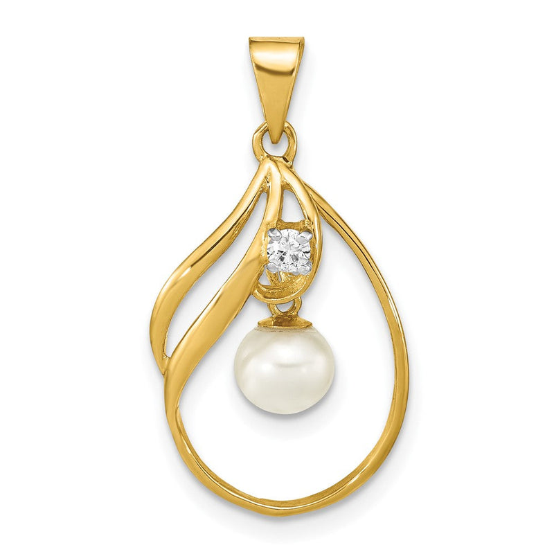 14K Gelbgold 14K 5-6mm Weiß Rund Süßwasser Zuchtperle Und.05 Karat Diamant Anhänger