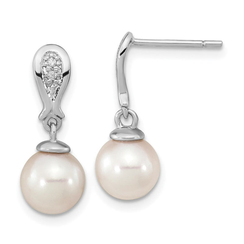 14K Weißgold 7 8mm Rund Akoya Salzwasser Zuchtperle Und.03 Karat Diamant Stecker Ohrhänger