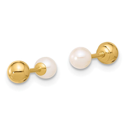 14K Gelbgold 3-4mm Rund Fwc Perle Vorderseite und Rückseite Kugel Ohrstecker
