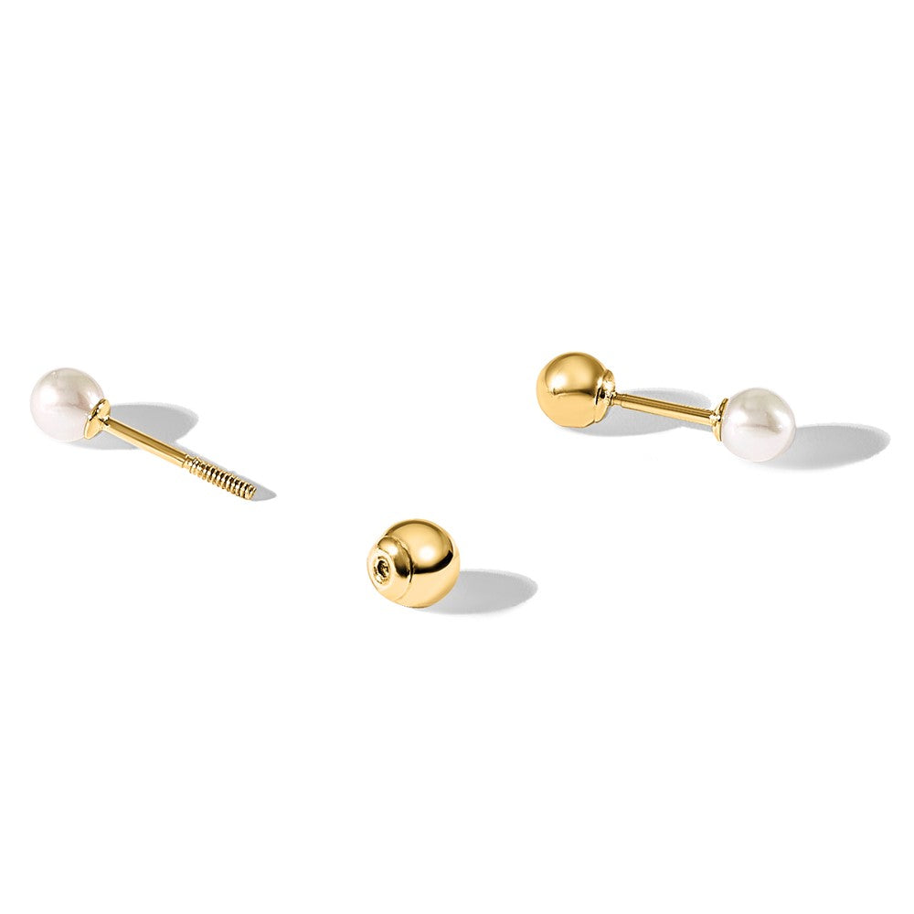 14K Gelbgold 3-4mm Rund Fwc Perle Vorderseite und Rückseite Kugel Ohrstecker