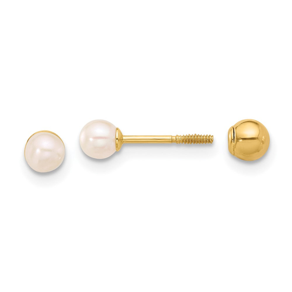 14K Gelbgold 3-4mm Rund Fwc Perle Vorderseite und Rückseite Kugel Ohrstecker