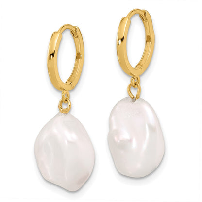 14K Gelbgold 11-12mm Weiß Keshi Süßwasser Zuchtperle Hängend Creolen