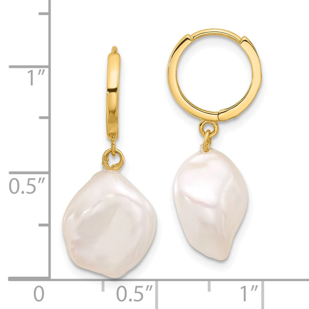 14K Gelbgold 11-12mm Weiß Keshi Süßwasser Zuchtperle Hängend Creolen