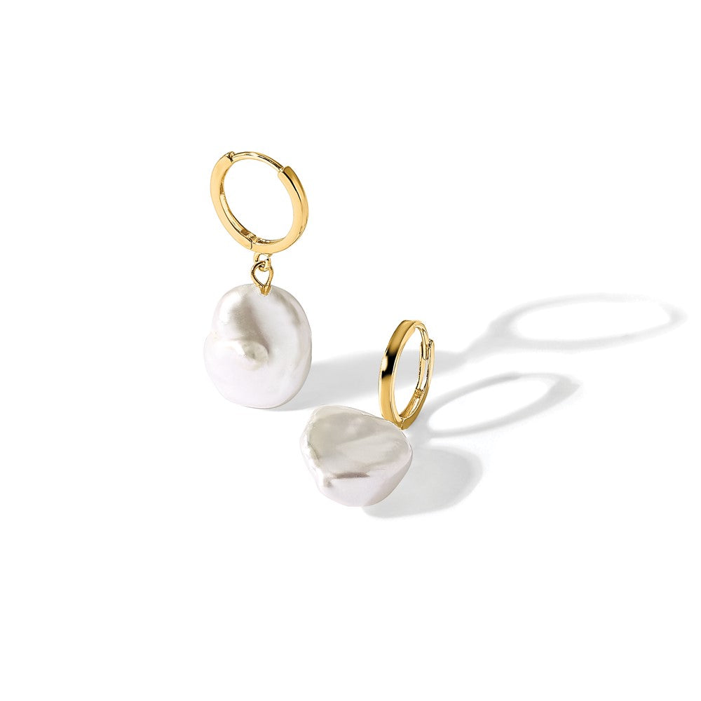 14K Gelbgold 11-12mm Weiß Keshi Süßwasser Zuchtperle Hängend Creolen