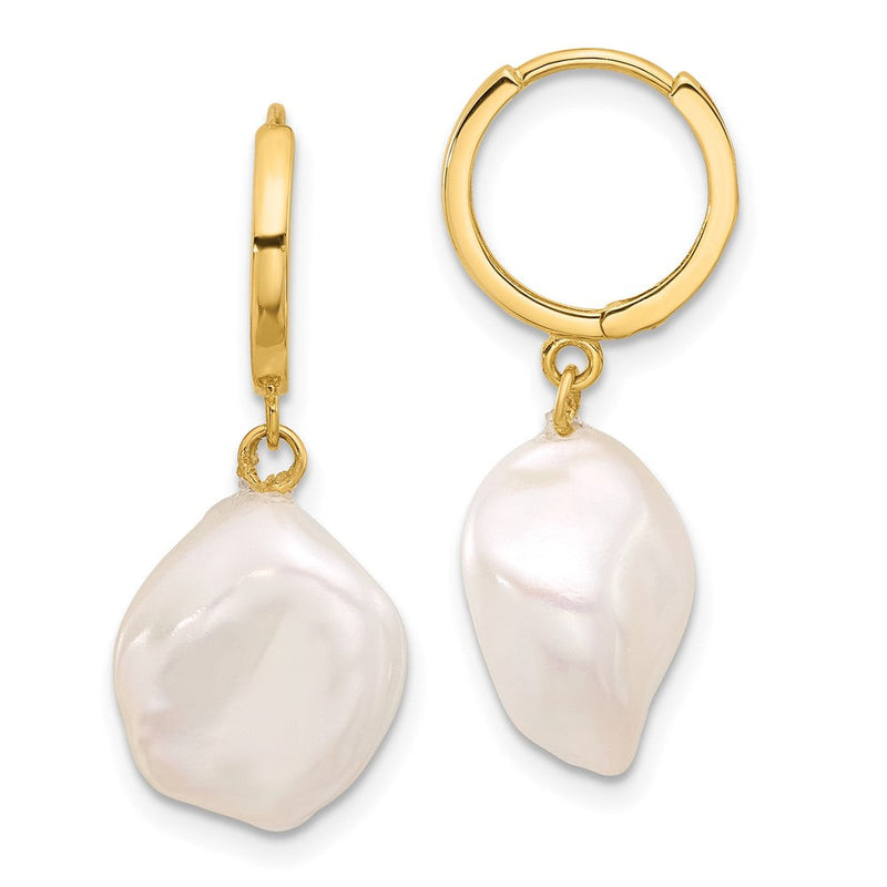 14K Gelbgold 11-12mm Weiß Keshi Süßwasser Zuchtperle Hängend Creolen