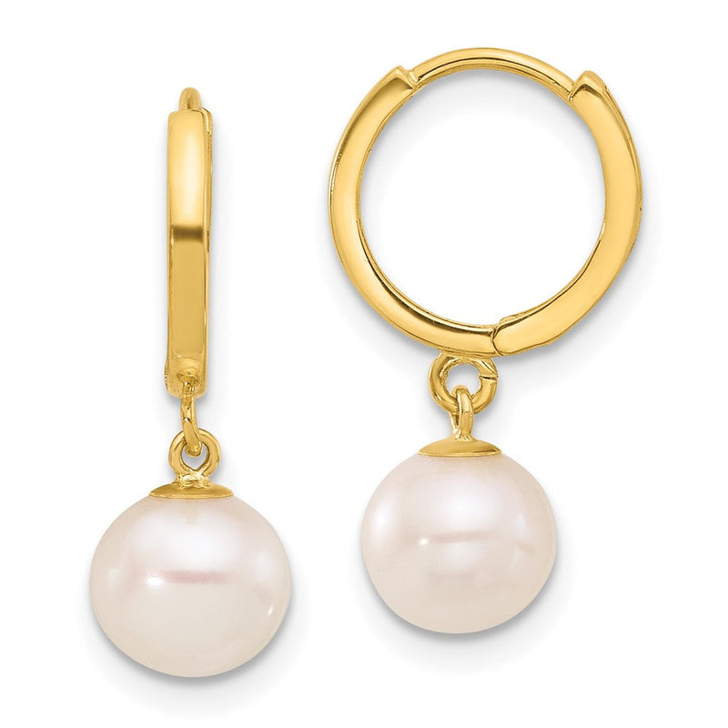 14K Gelbgold 7-8mm Rund Süßwasser Zuchtperle Hängend Creolen