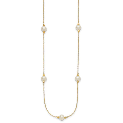 14K Gelbgold 8-9mm Nahe-round Weiß Fwc Perle 5 Station 18 Zoll Halskette