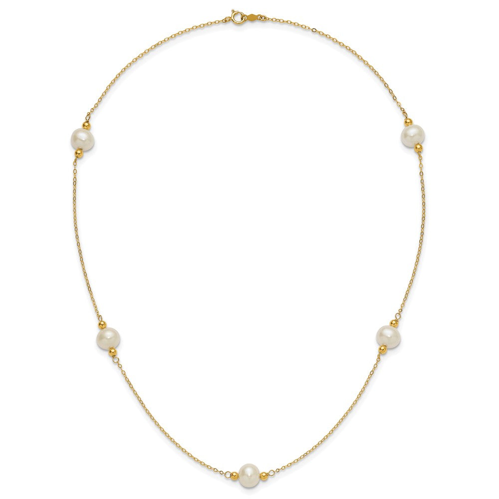 14K Gelbgold 8-9mm Nahe-round Weiß Fwc Perle 5 Station 18 Zoll Halskette