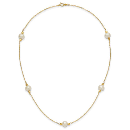 14K Gelbgold 8-9mm Nahe-round Weiß Fwc Perle 5 Station 18 Zoll Halskette