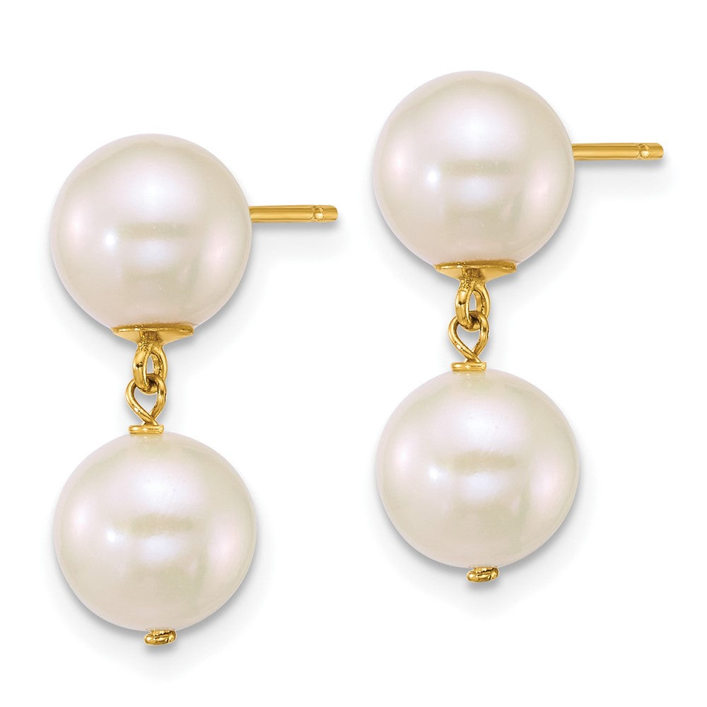 14K Gelbgold 7-8mm Rund Weiß Süßwasser Zucht 2 Perle Hängend Ohrstecker