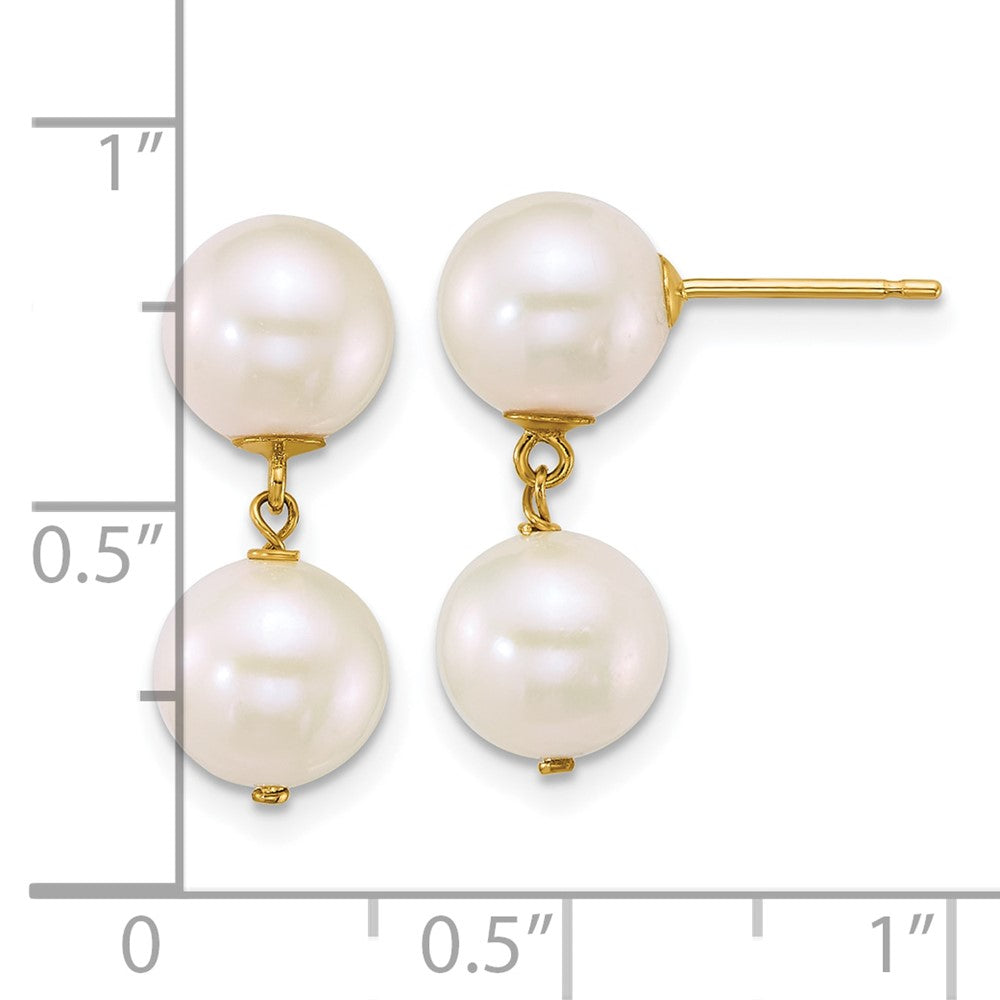 14K Gelbgold 7-8mm Rund Weiß Süßwasser Zucht 2 Perle Hängend Ohrstecker
