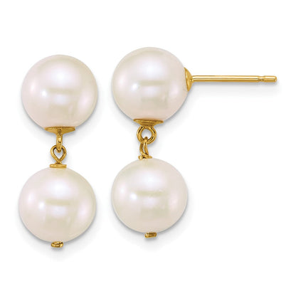 14K Gelbgold 7-8mm Rund Weiß Süßwasser Zucht 2 Perle Hängend Ohrstecker