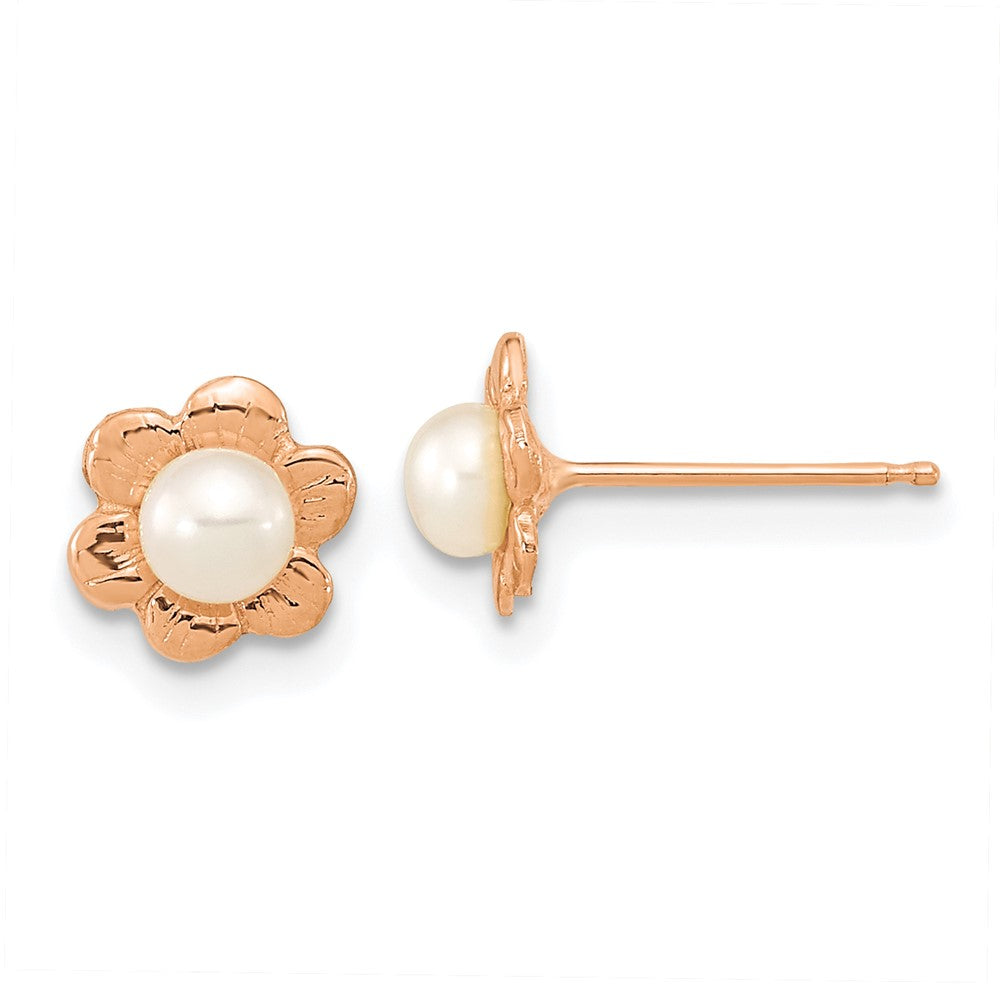 14K Roségold 3 4mm Weiß Knopf Süßwasser Zuchtperle Blume Ohrstecker