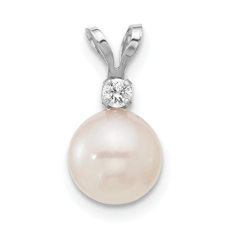 14K Weißgold 14K Weißgold 7-8mm Weiß Rund Akoya Salzwasser Zuchtperle Und.05 Karat Diamant Anhänger