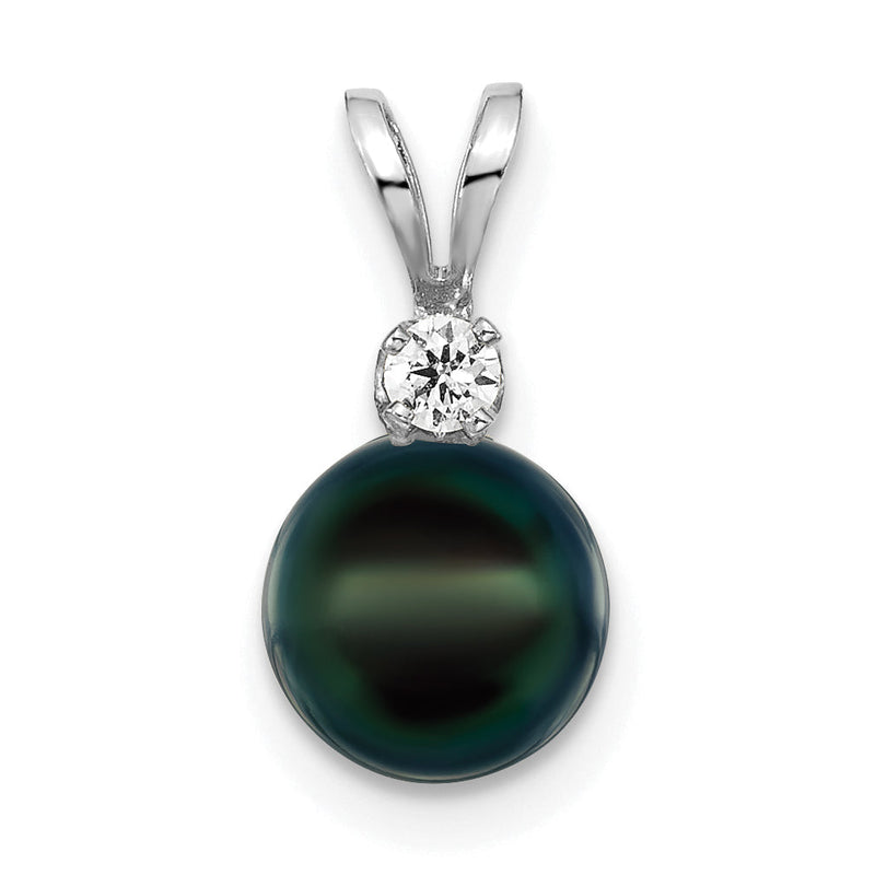 14K Weißgold 14K Weißgold 7-8mm Schwarz Rund Akoya Salzwasser Zuchtperle und 1/20 Karat Diamant Anhänger