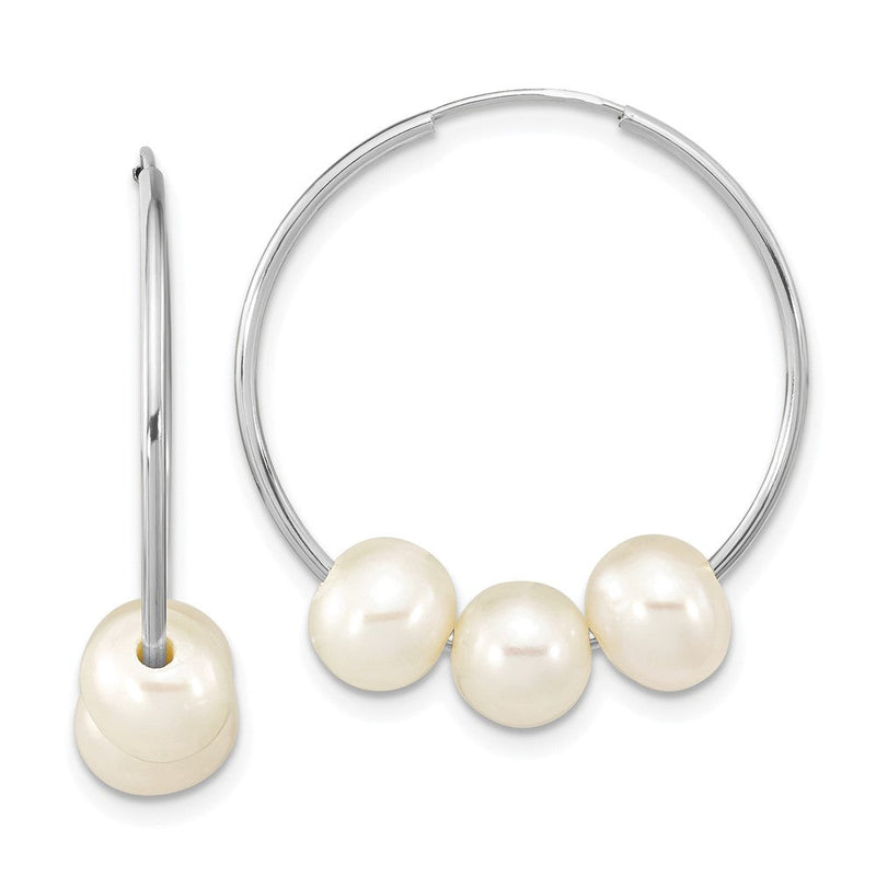 14K Weißgold Wg 6-7mm Halb-rnd Süßwasser Zucht 3 Perle Creolen