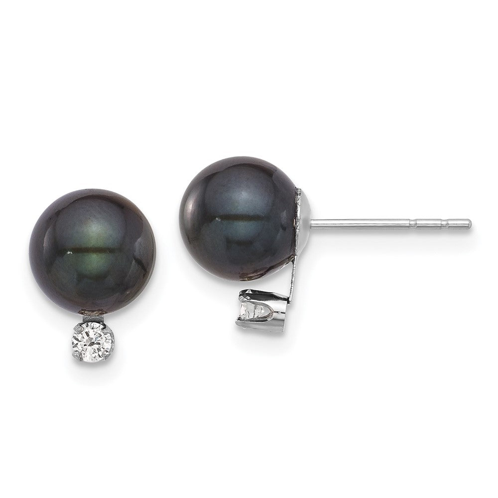 14K Weißgold 7-8mm Rund Schwarz Akoya Perle &.10ct Diamant Ohrstecker