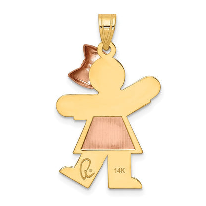 14 Karat Bicolor Gold Großer Mädchen-Charm mit Schleife rechts, gravierbar