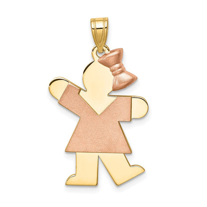 14 Karat Bicolor Gold Großer Mädchen-Charm mit Schleife rechts, gravierbar