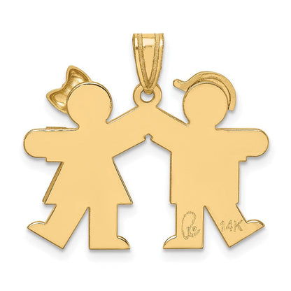 14K Gelbgold Massiver Gravierbarer Charm mit nach rechts blickendem Jungen und nach links blickendem Mädchen