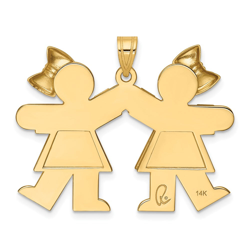 14K Gelbgold Massiver Gravierbarer Großer Charm mit zwei Mädchen mit Schleifen