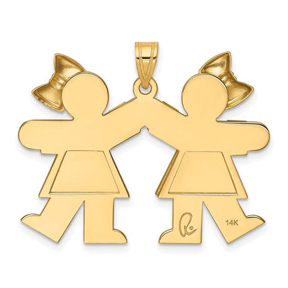 14K Gelbgold Massiver Gravierbarer Großer Charm mit zwei Mädchen mit Schleifen